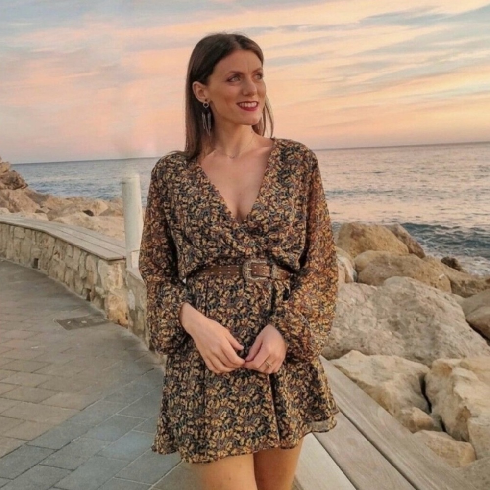 Zara Puff Balloon Sleeve Smocked Viscose Gold Black Design Mini Dress